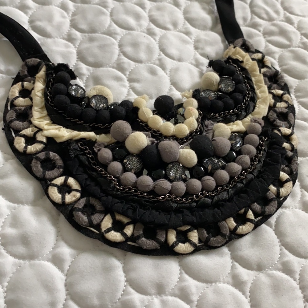 Women Black white silver gray beads chain Hand made necklace fabric